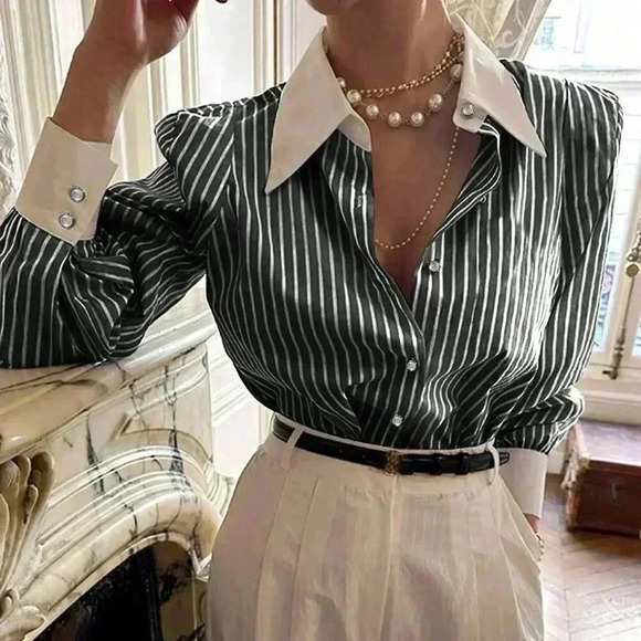 Black Casual Women's Button Down Long Sleeve Loose Fit Striped Blouse - Picture 1 of 4